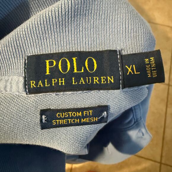 Polo Ralph Lauren Custom Fit Blue Stretch Mesh Polo Shirt XL Orange Logo - Picture 4 of 6